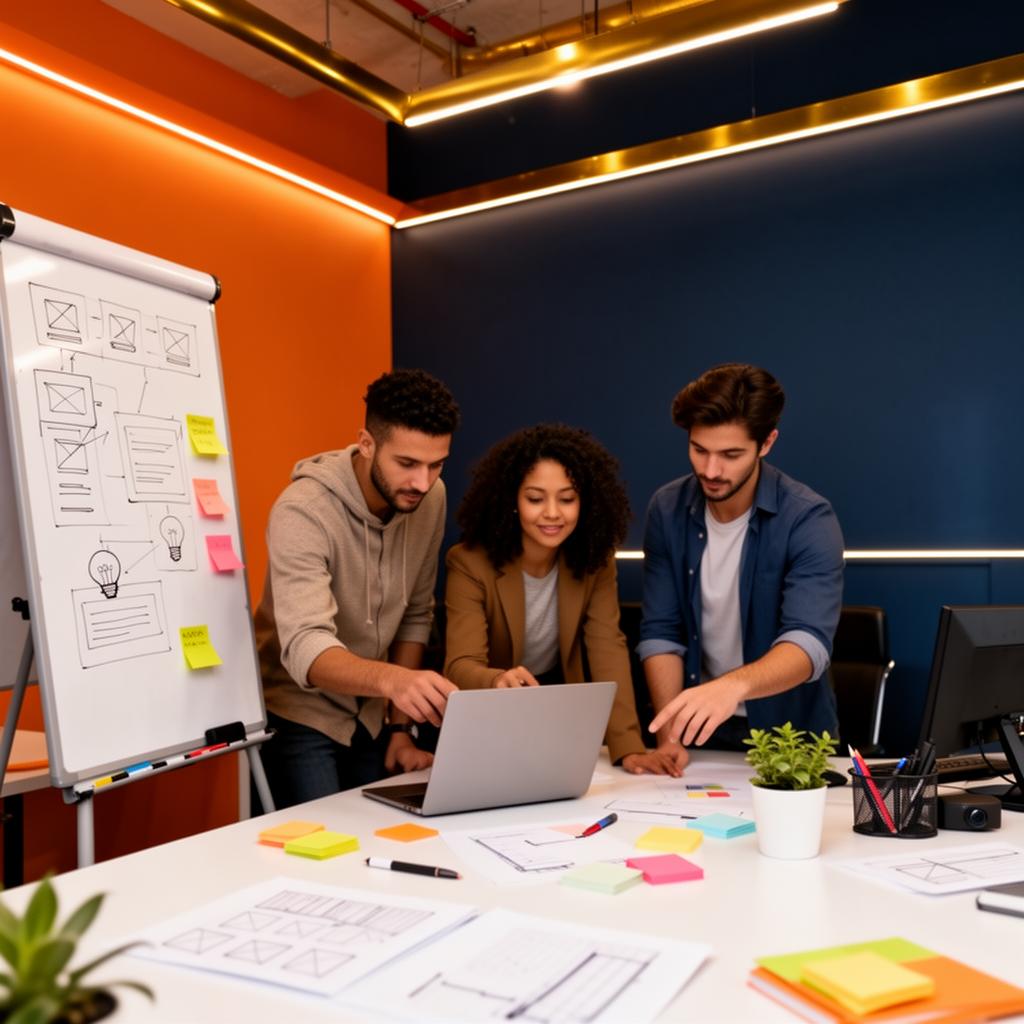 Startup team collaborating on wireframes around a laptop