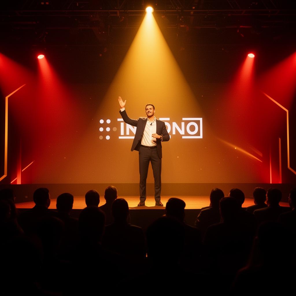 Entrepreneur presenting on stage at a launch event