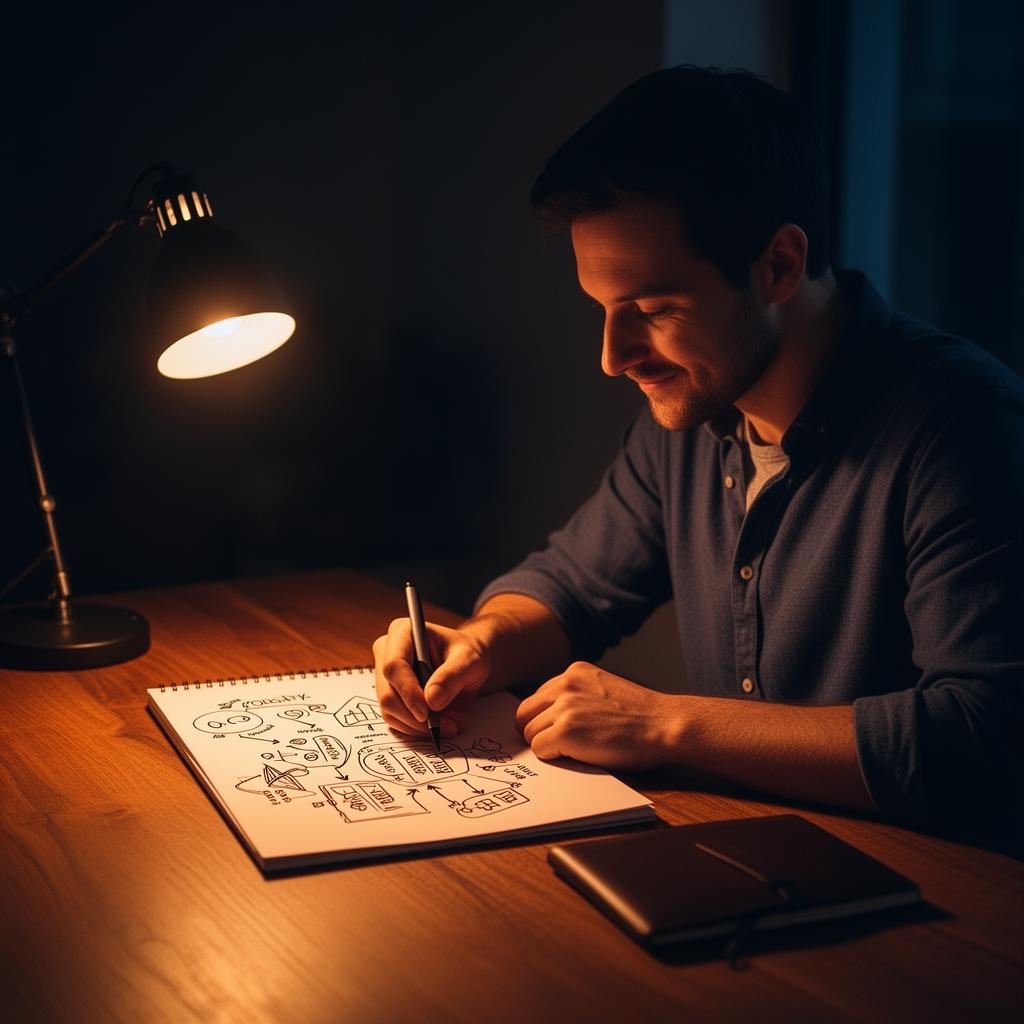 Founder sketching business ideas at a desk by lamplight